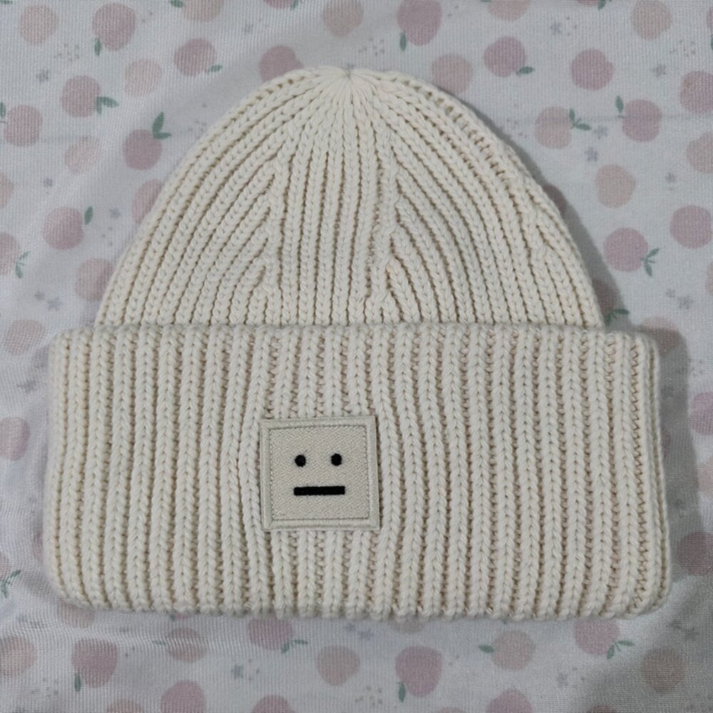 Acne Studios White Knit Hat With A Smiley Face Logo